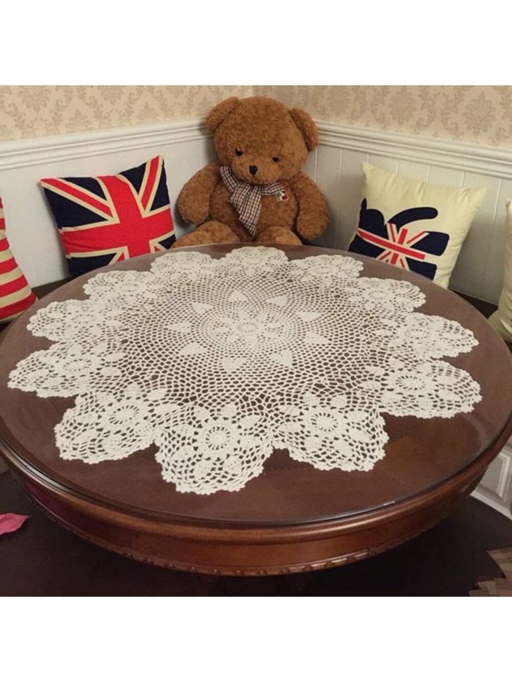 Handmade Beige Crochet Lace Tablecloth Doilies, Round 31 Inch, Cotton Decor